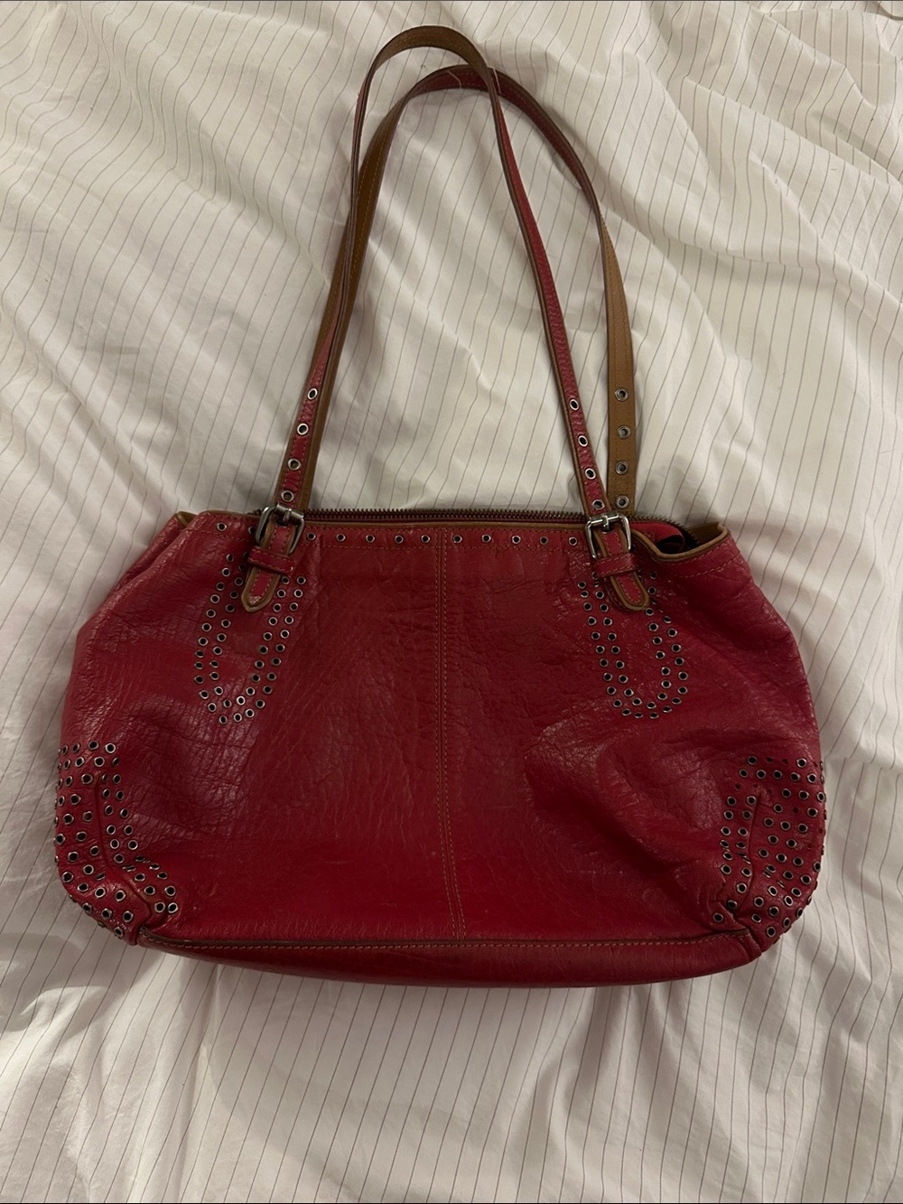 Vintage Mazzini - Red Stud-Accent Leather Tote Bag Made in Italy